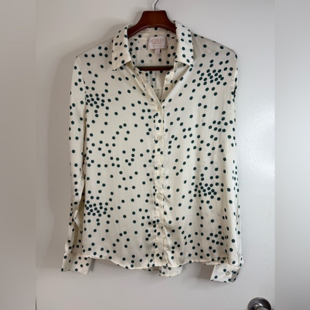 Audrey parks, green polkadot, long sleeve button down, shirt, blouse XL